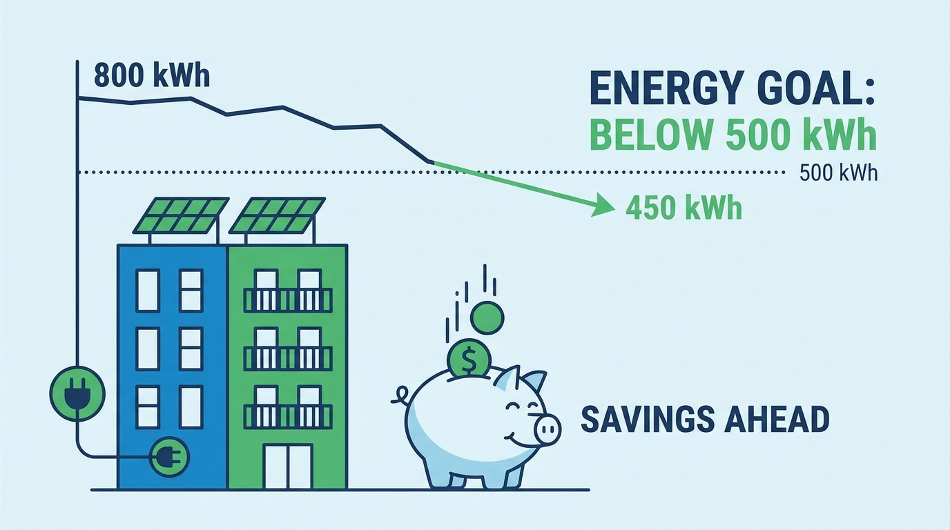 A minimal, modern diagram showing electricity usage dropping below 500 kWh, with a stylized small apartment building and a piggy bank