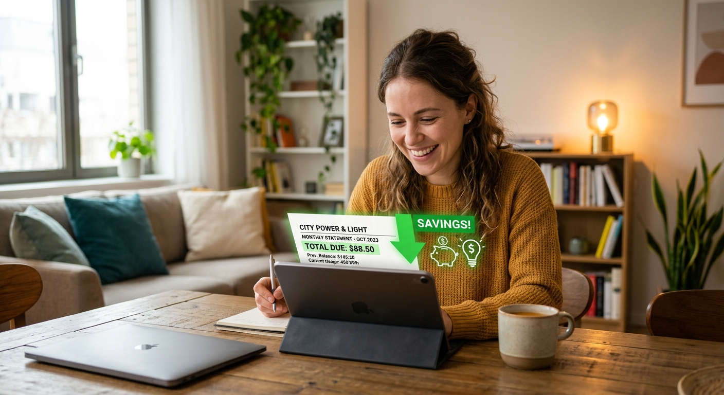 A young professional renter checking electricity usage on a tablet, with cost-cutting graphics overlay