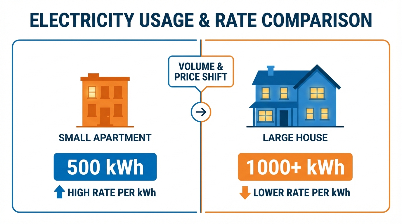 Diagram comparing electricity tier costs for 500 kWh usage vs 1000 kWh usage