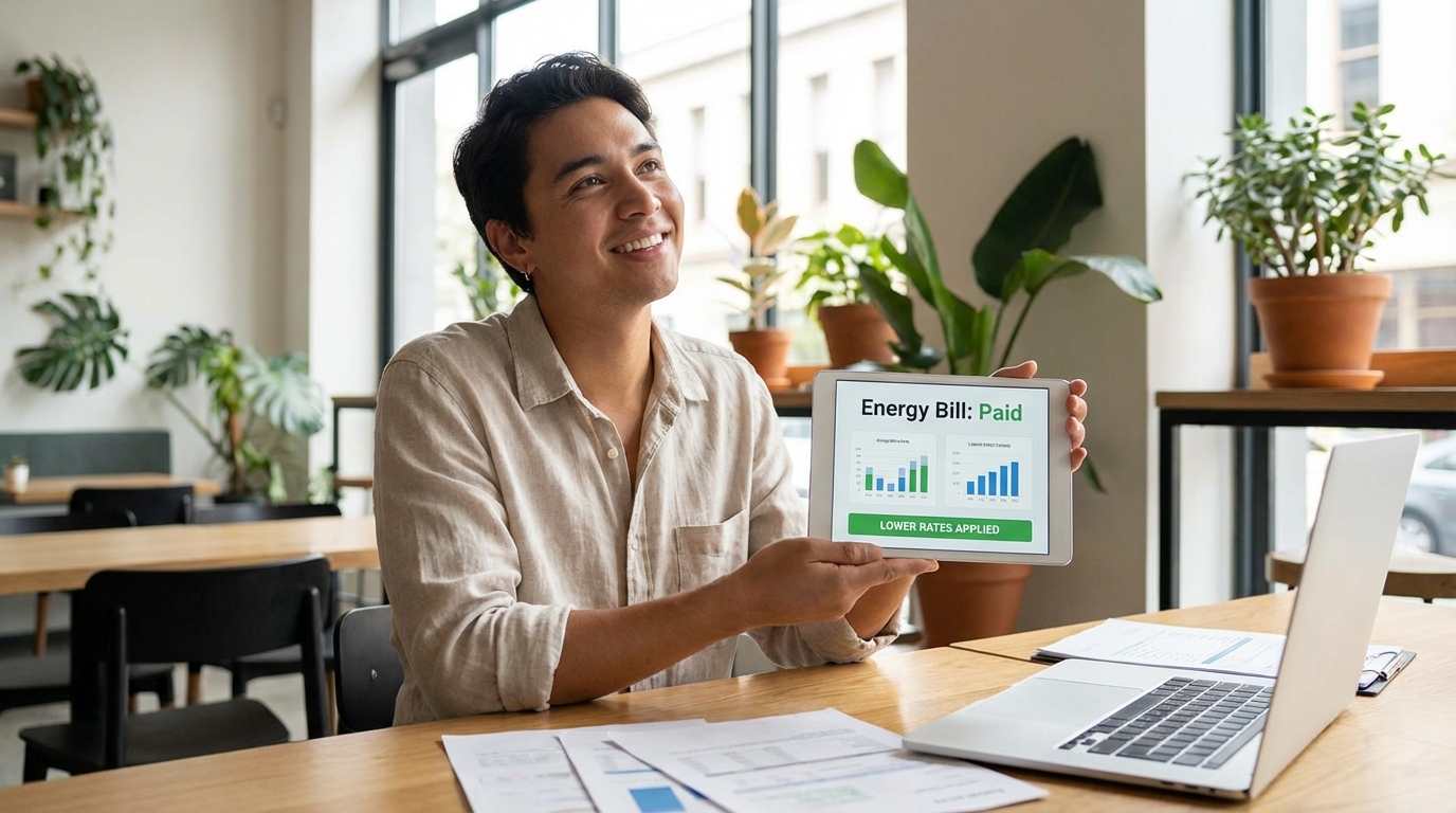 A young small business owner or renter happily reviewing lowered electricity bills on a tablet