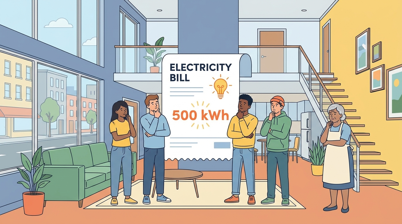 A vibrant illustration of young renters and small business owners analyzing their 500 kWh electricity bill.