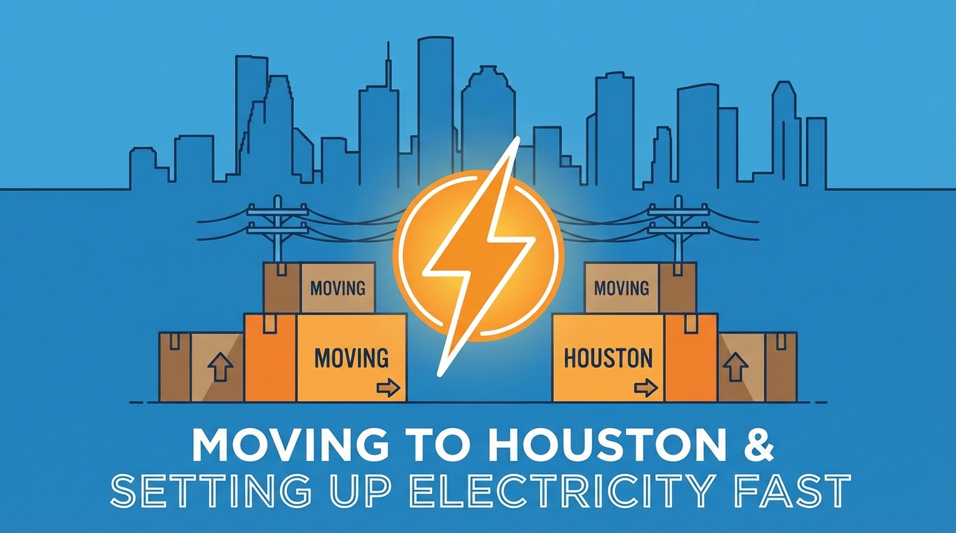 Stylized Houston skyline with moving boxes and a glowing lightning bolt icon