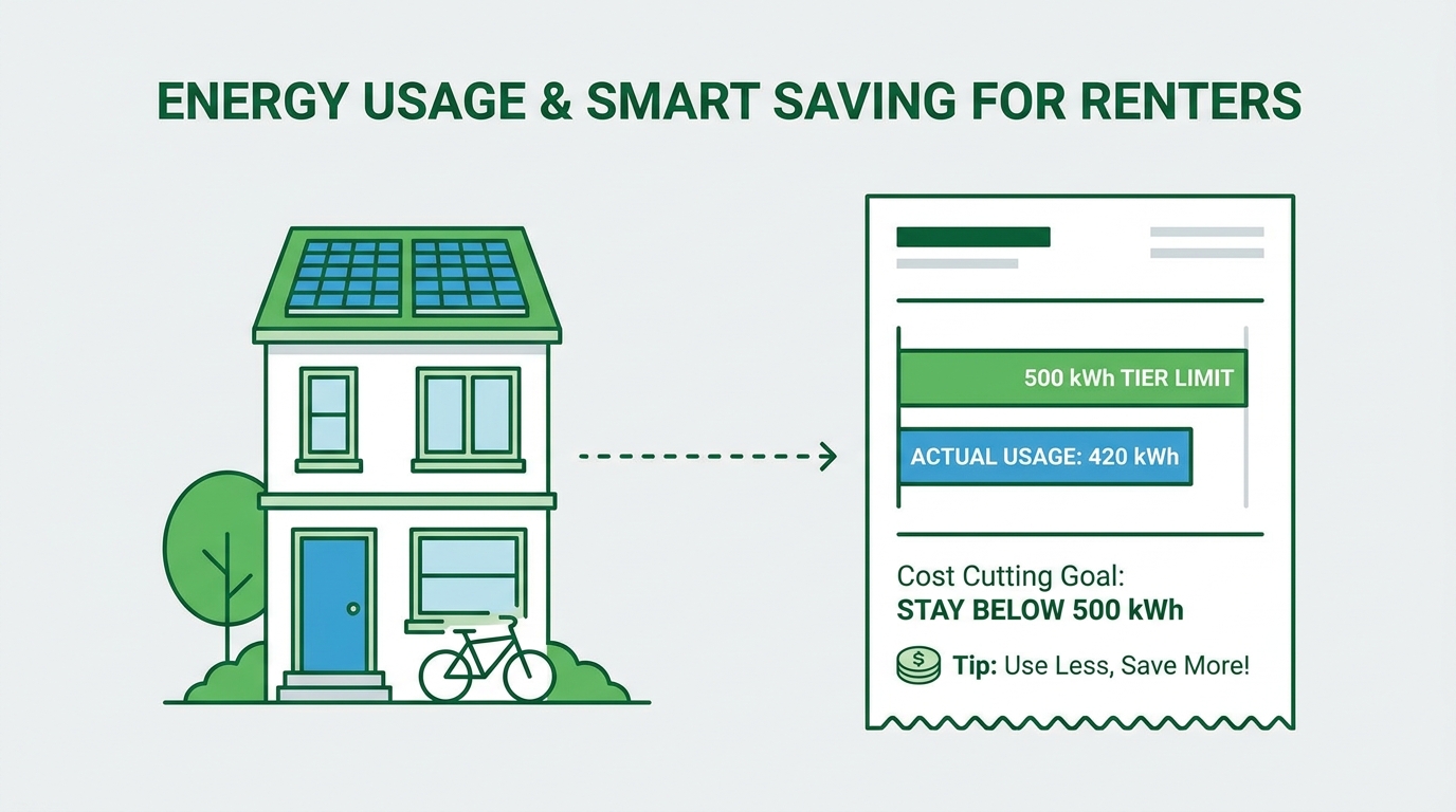A clean, modern diagram highlighting a 500 kWh tier limit, visualizing energy usage and cost cutting